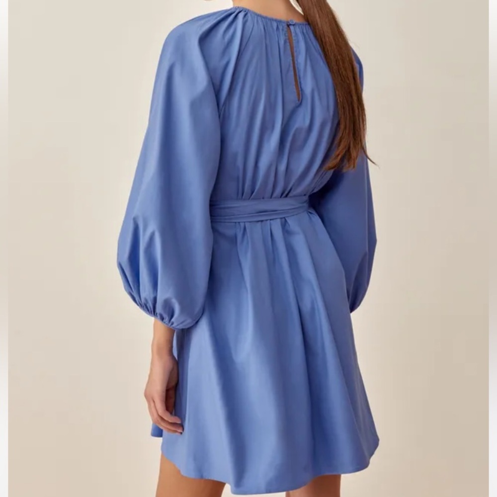 Reformation Blue Dusk Puff Long Sleeve Organic Cotton Belted Waist Rennae Dress - Picture 6 of 13